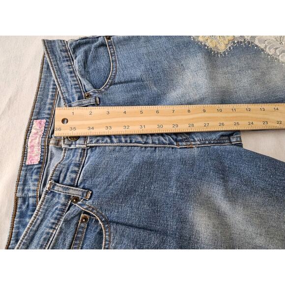Sassy Thai Jeans Womens Embellished Beads Flowers Rhinestones Mid Rise 10 Flare - Picture 6 of 14